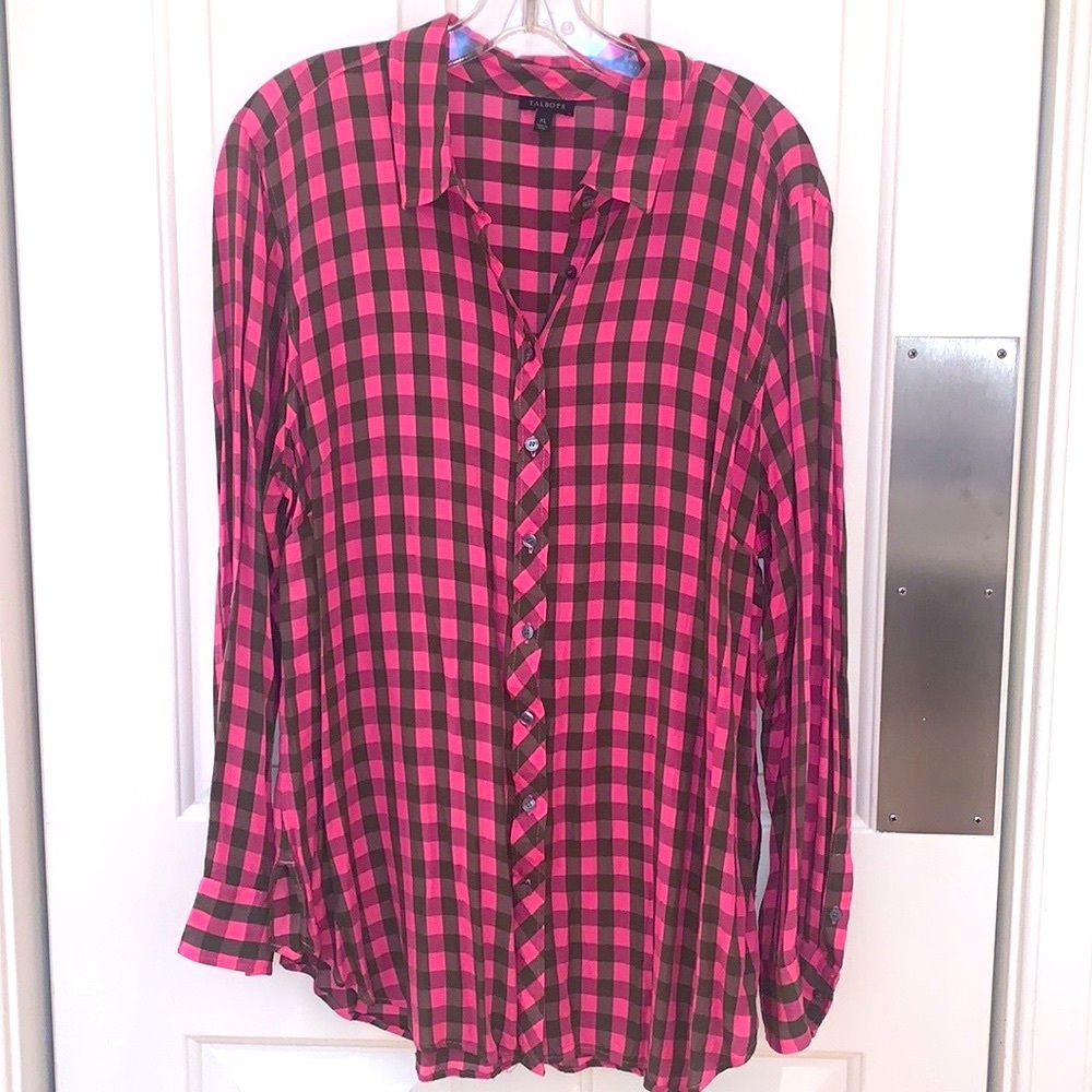 Talbots Plaid Button Up Long Sleeve Rayon Blouse Top Shirt Womens Size XL